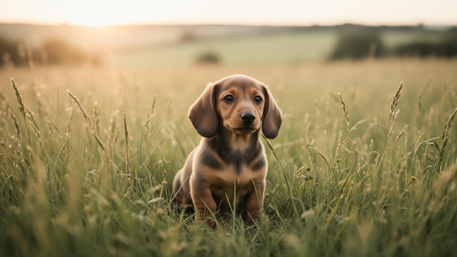 A miniature dachshund puppy in a meadow at golden hour
